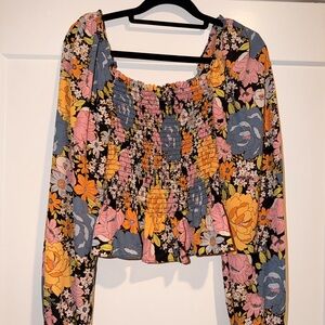 WAYF Smocked Floral Long Sleeve Crop Blouse Size M